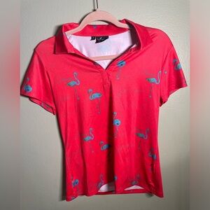 Yatta Red All Over Print Flamingo Golf Polo Shirt Mens Small Stretch